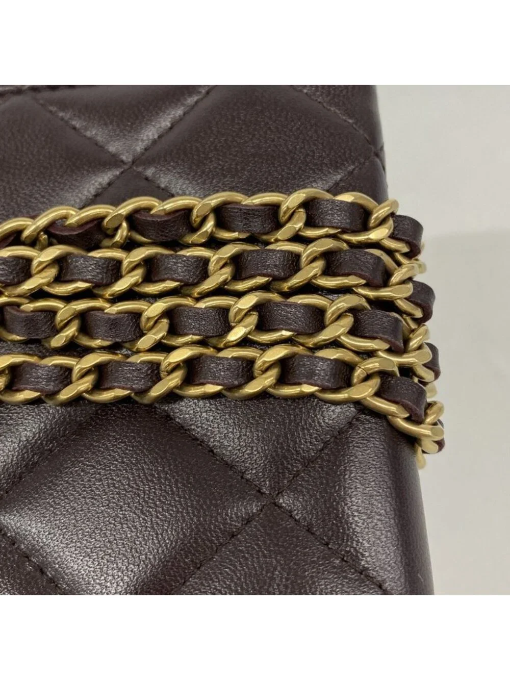 Chanel Shoulder Wallet Quilted Lambskin Dark Brown Gold